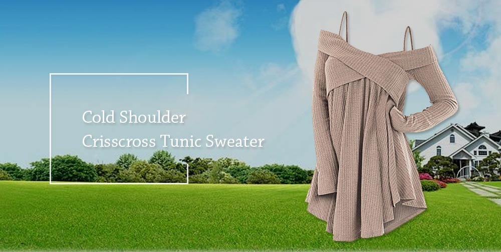 Open Shoulder Crisscross Tunic Sweater- Light Khaki M