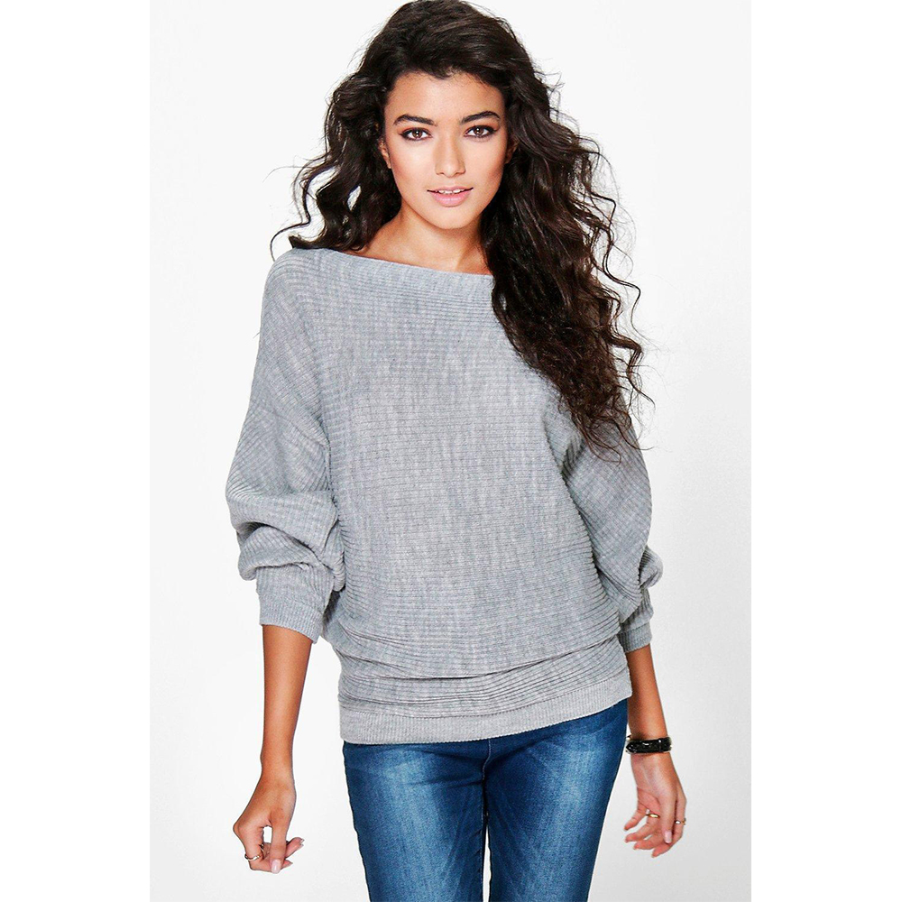 One Word Collar Pullover Collar Bat Sleeves Sweater- Grey S