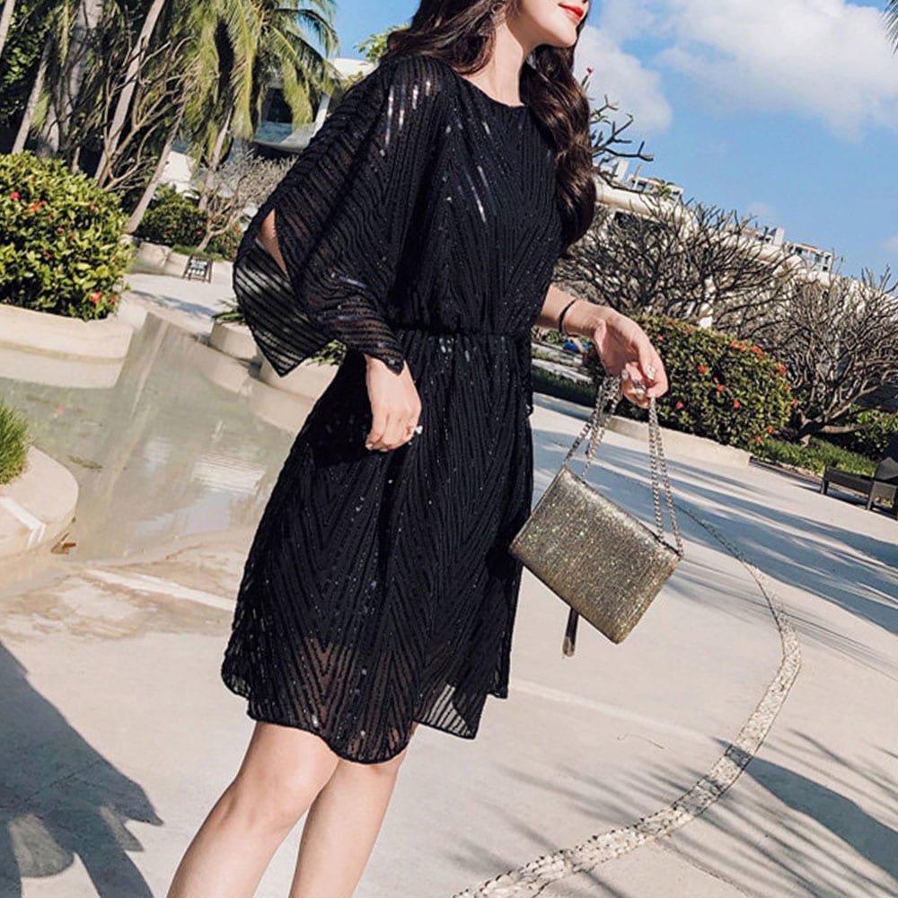 Sequined Embroidered High-Grade Dress- Black One Size