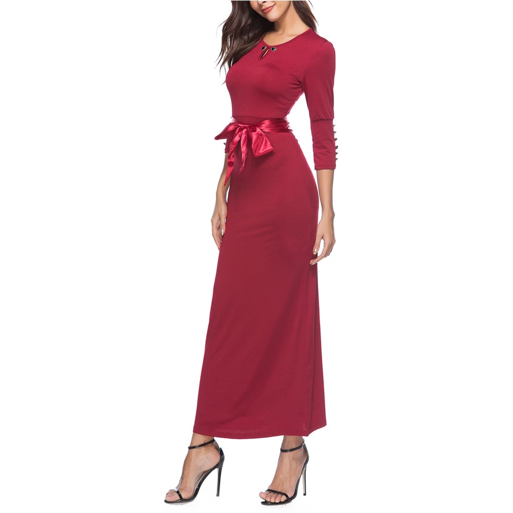 Spring and Autumn Solid Color Lace Slim Dress Temperament Dress Maxi Dress- Red Wine M