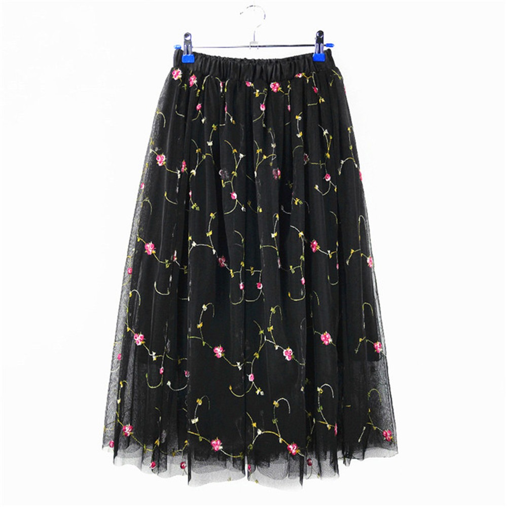 Women Elegant Elastic High Waist Embroidered Tulle Pleated Long skirt- Jet Black One Size