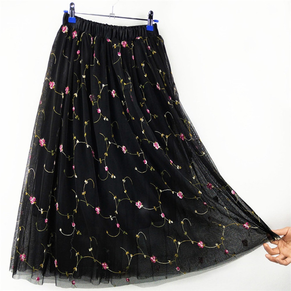 Women Elegant Elastic High Waist Embroidered Tulle Pleated Long skirt- Jet Black One Size