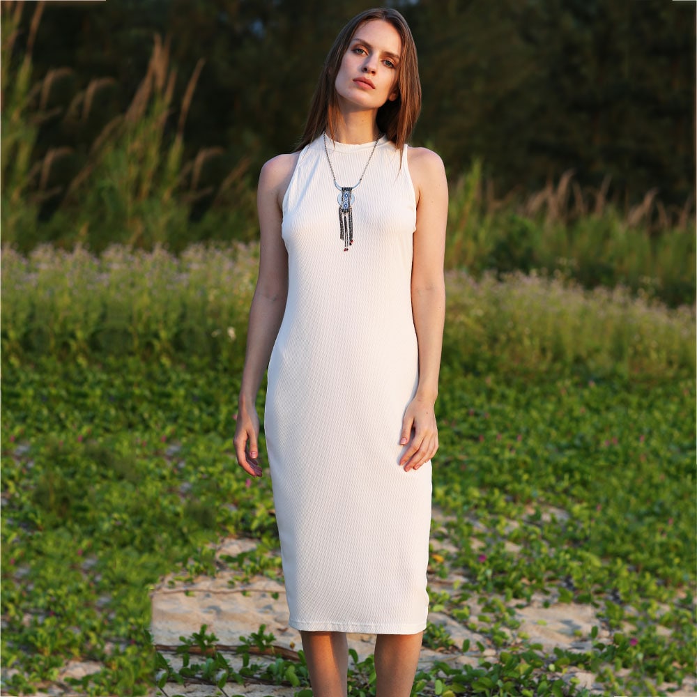 Simple Jewel Collar Pure Color Sheathy Knitted Women Dress- Off-White L