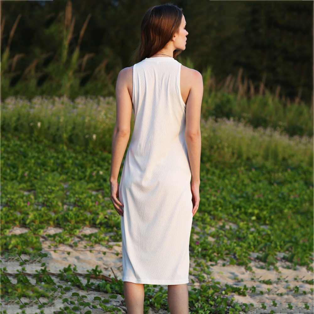 Simple Jewel Collar Pure Color Sheathy Knitted Women Dress- Off-White L