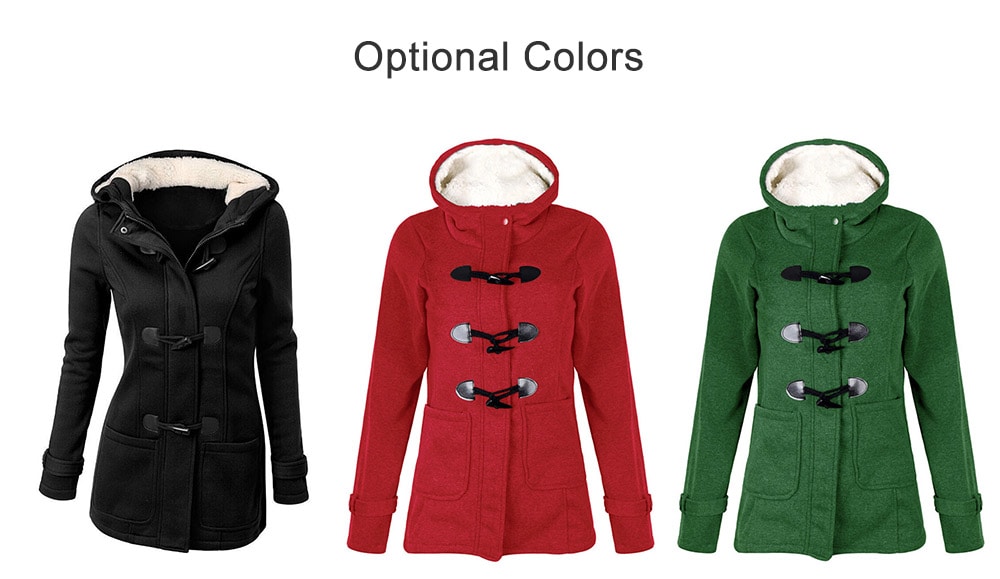 Women Classic Horn Button Pocket Cotton-padded Coat with Cap- Red 4XL