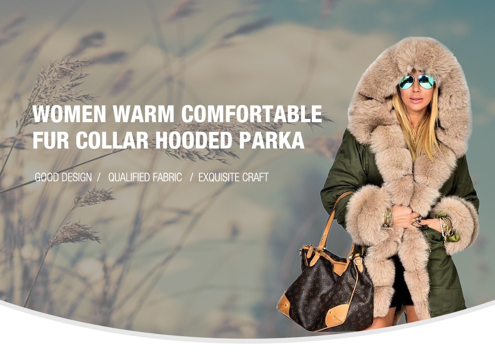 Women Warm Comfortable Fur Collar Hooded Parka- Black L