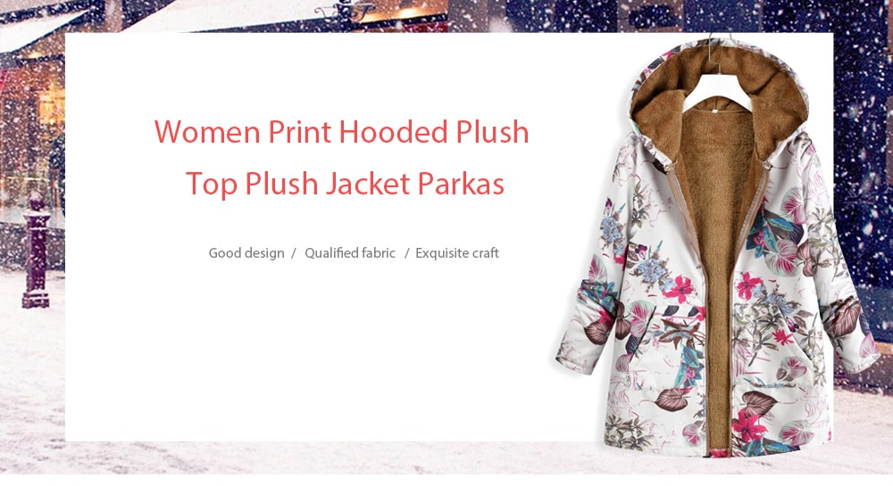 Women Print Hooded Plush Top Jacket Parkas- Sandy Brown S
