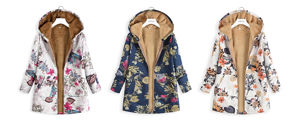 Women Print Hooded Plush Top Jacket Parkas- Sandy Brown S