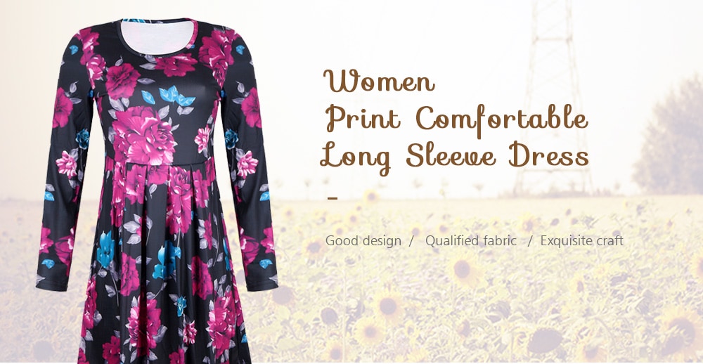Women Print Comfortable Long Sleeve Dress- Black 4XL