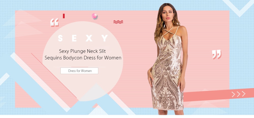 Sexy Plunge Neck Criss-cross Spaghetti Strap Backless Slit Sequins Women Bodycon Dress- Rose Gold XL
