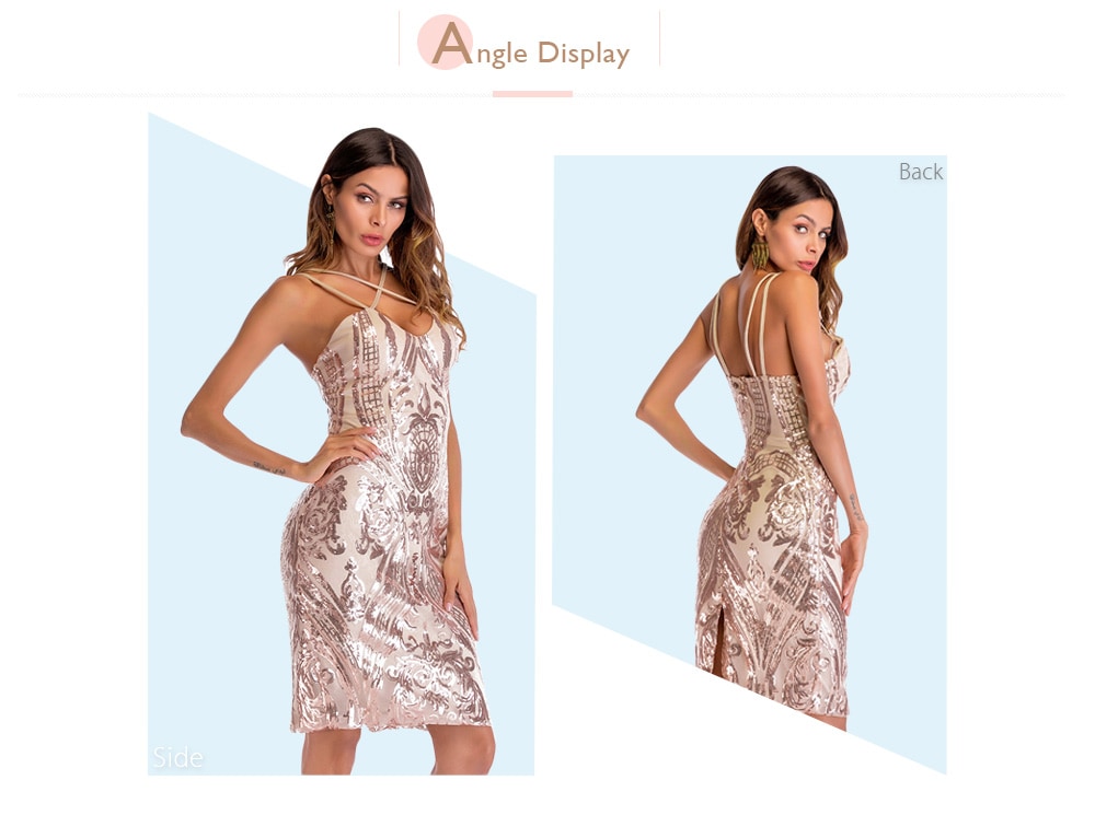 Sexy Plunge Neck Criss-cross Spaghetti Strap Backless Slit Sequins Women Bodycon Dress- Rose Gold XL
