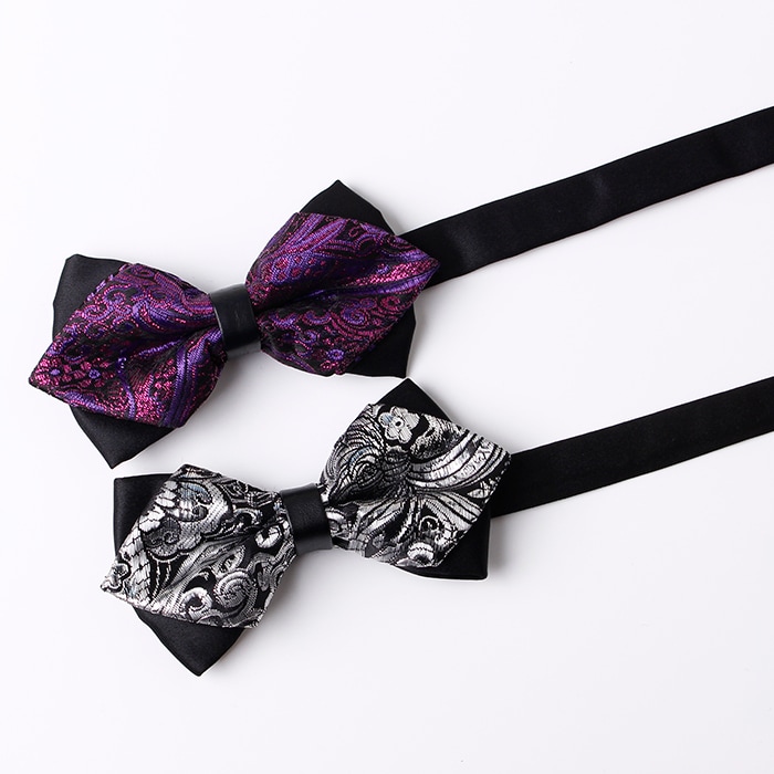 Vintage Floral Woven Pattern Silky Bow Tie- Silver White