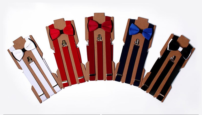 Vintage Solid Color Formal Business Bow Tie and Suspender Set- Black