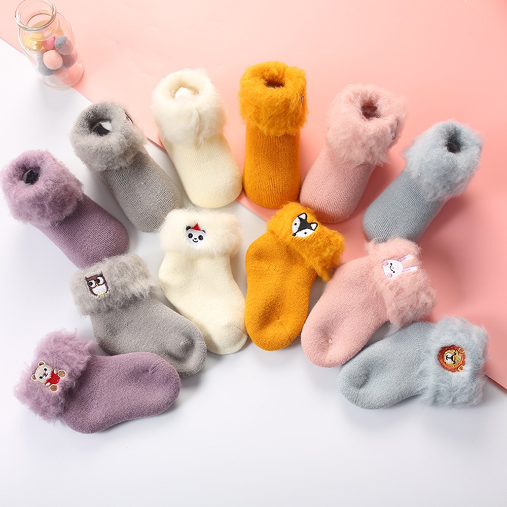 Thick Baby Cartoon Embroidery Warm Baby Socks- Gray Cloud M