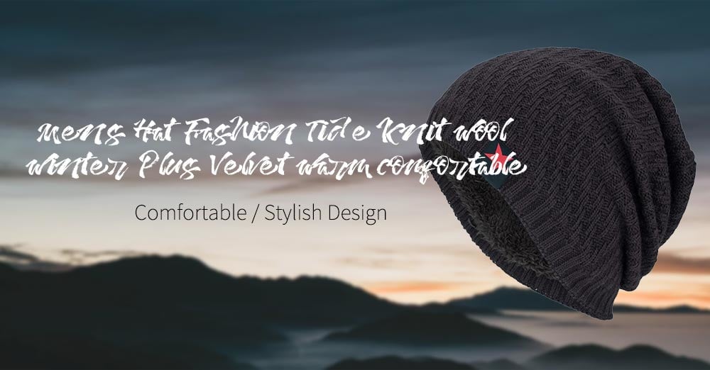 Tide Knit Wool Hat Winter Plus Velvet Warm Red Five-star Head Men's Outdoor Hat- Black
