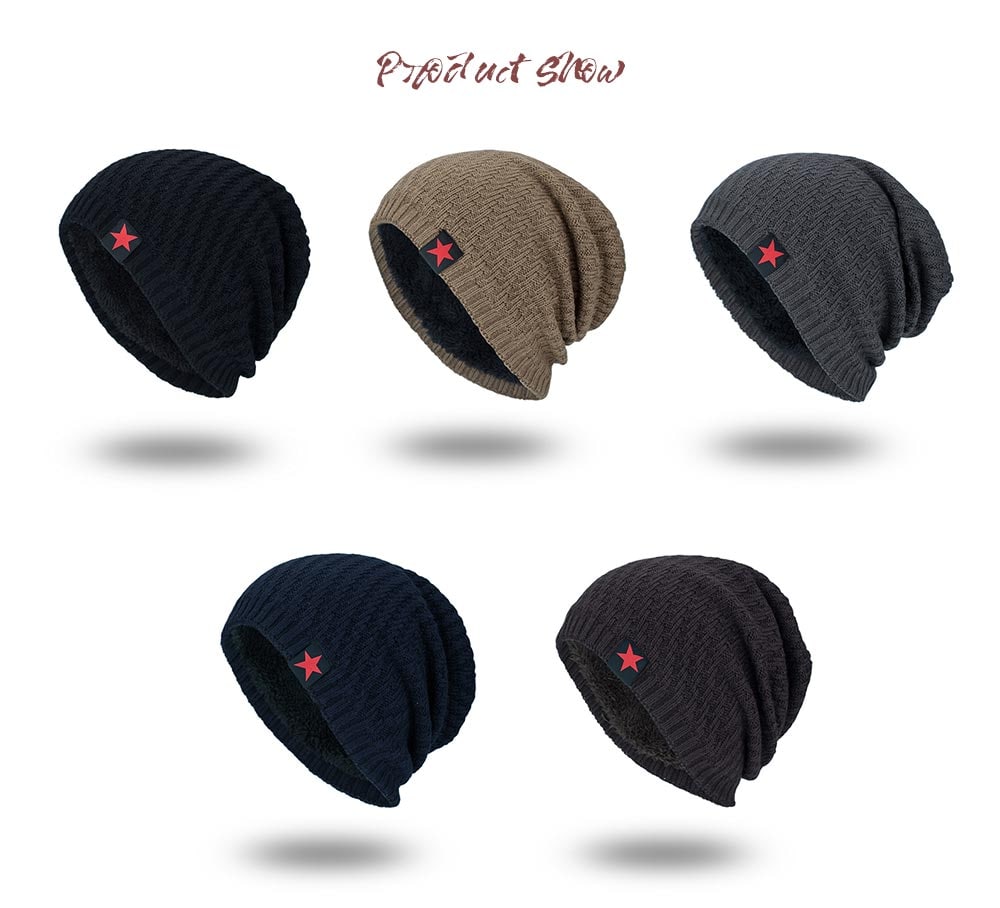 Tide Knit Wool Hat Winter Plus Velvet Warm Red Five-star Head Men's Outdoor Hat- Black