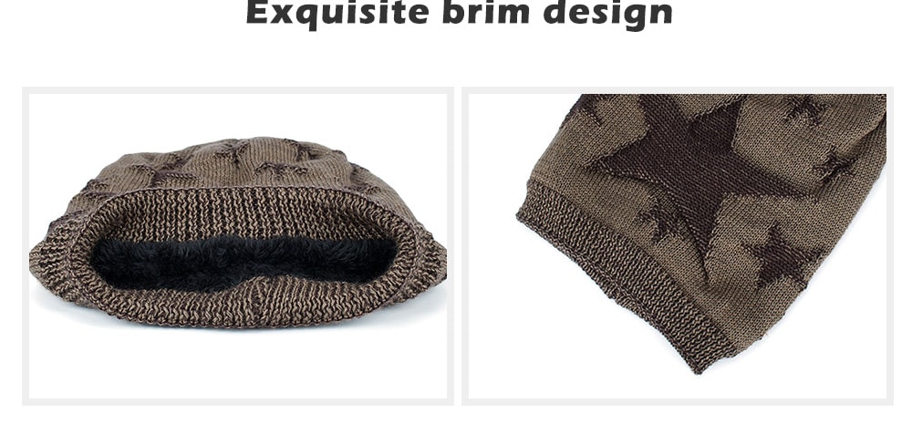 Tide Knit Wool Winter Plus Velvet Warm Five-pointed Star Head Men's Outdoor Hat- Red Wine