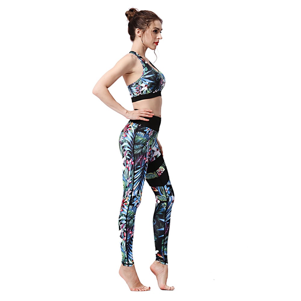 Women Trendy Print Sleeveless Two-Piece Yoga Set Gym Clothes Sports Suit- Multi 1 set