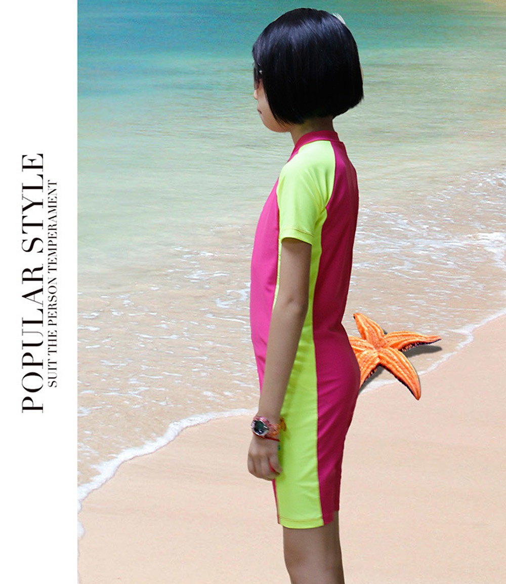 SBART Kids Children Short Sleeve Zippered Sun-resistant Jumpsuits Wetsuit Swimsuit- Fluorescent Yellow L
