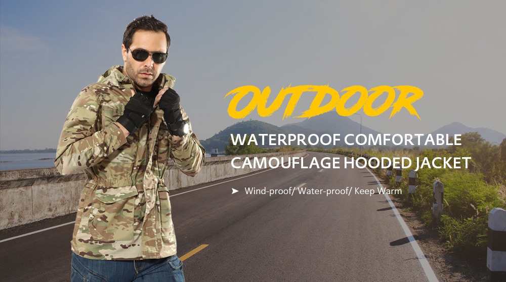 Outdoor Waterproof Comfortable Camouflage Hooded Jacket for Men- Light Khaki M