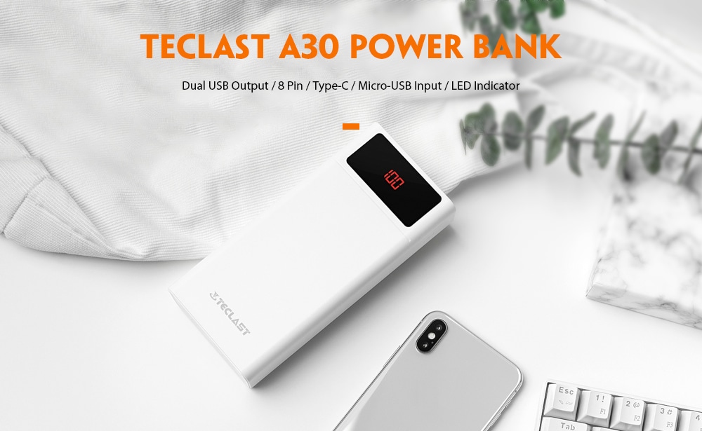 Teclast A30 Power Bank 30000mAh Digital Display for Tablet / Mobile Phone- White