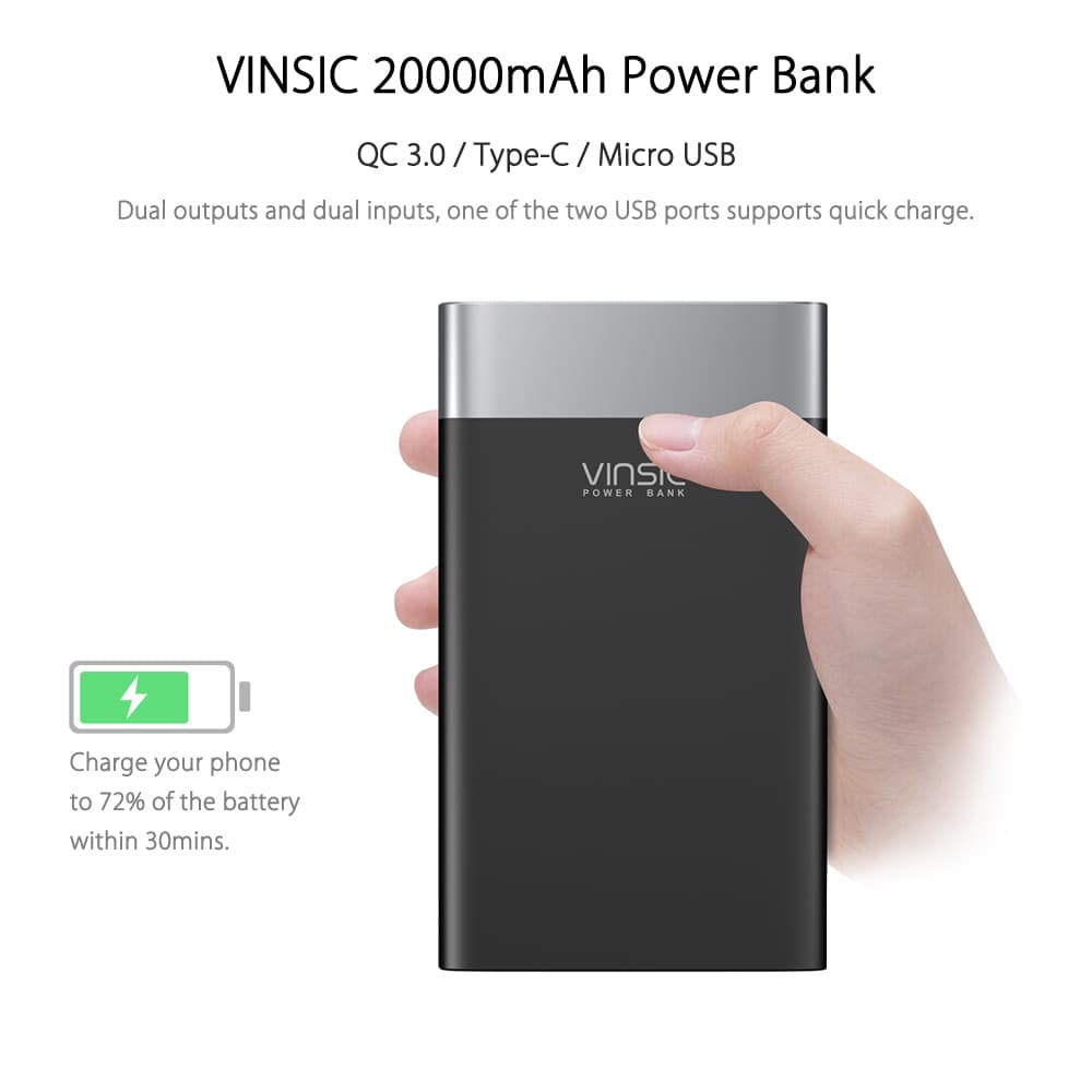 VINSIC VSPB303 QC 3.0 20000mAh Power Bank Type-C Micro USB Dual Input / Output- White