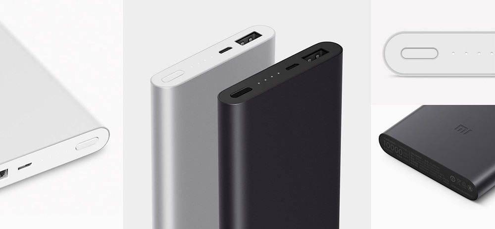 Original Xiaomi Bidirectional Quick Charge 10000mAh Portable Power Bank 2 Aluminium Alloy Housing Ultra-thin Body- Silver