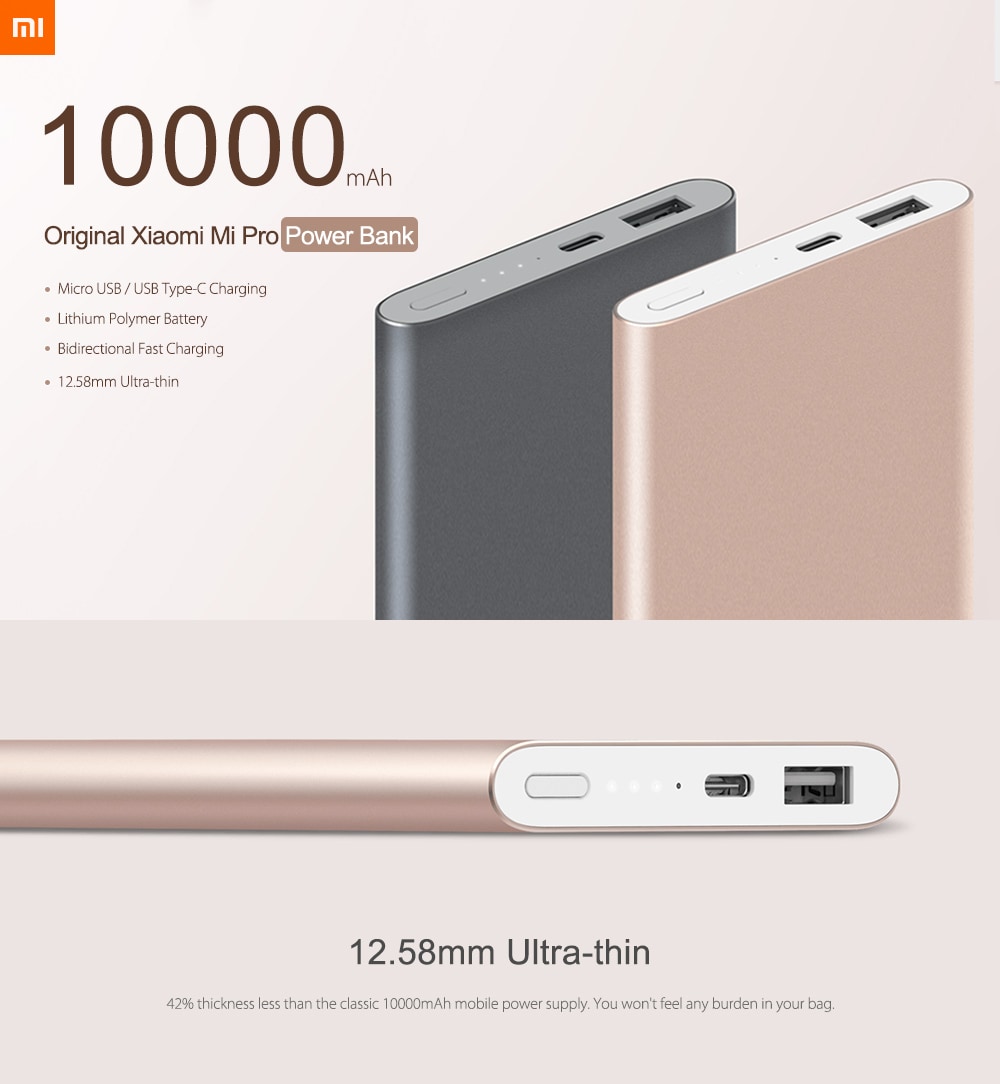 Original Xiaomi Mi Pro 10000mAh Type - C USB Mobile Power Bank Two-way Quick Charge Charger- Rose Gold