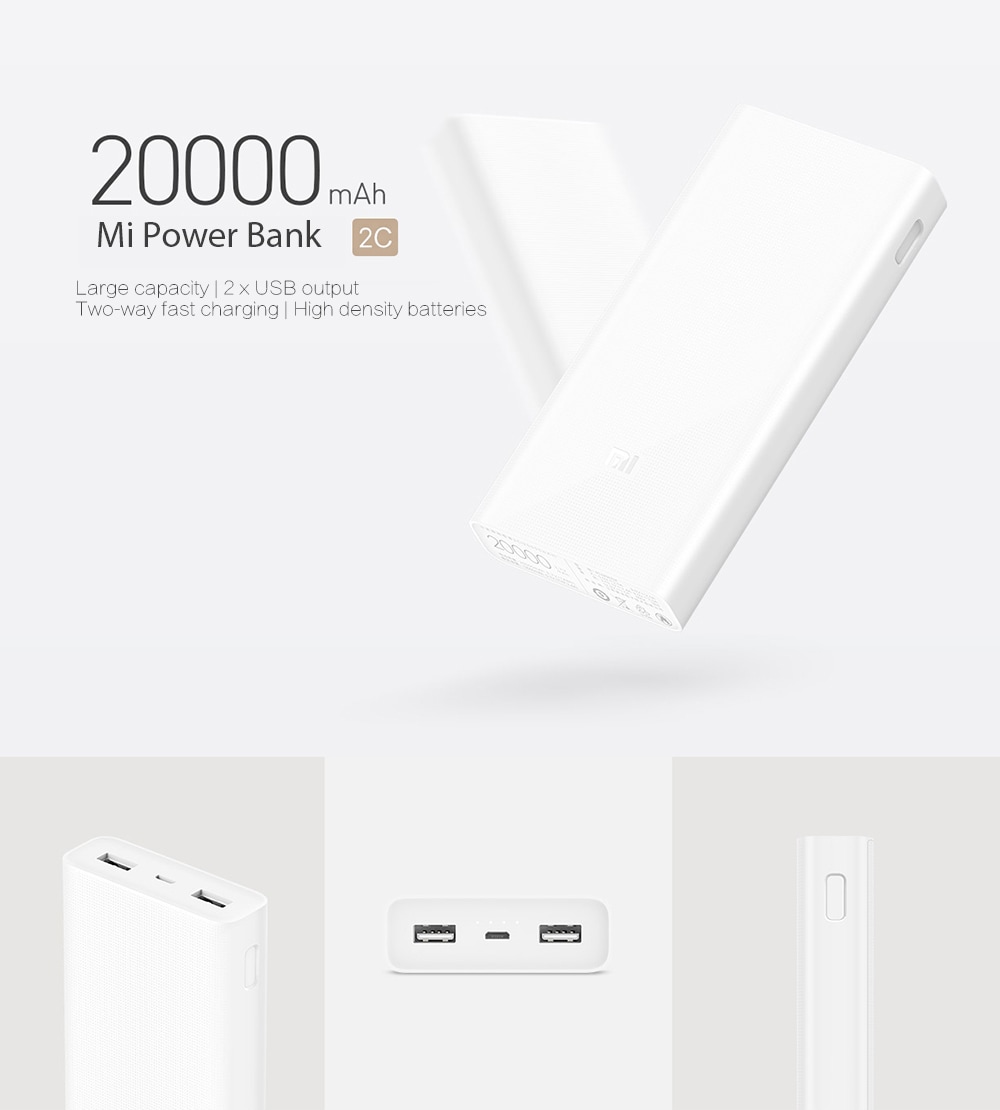 Original Xiaomi Mobile Power Bank 2C 20000mAh Dual USB Bi-directional Quick Charge- White