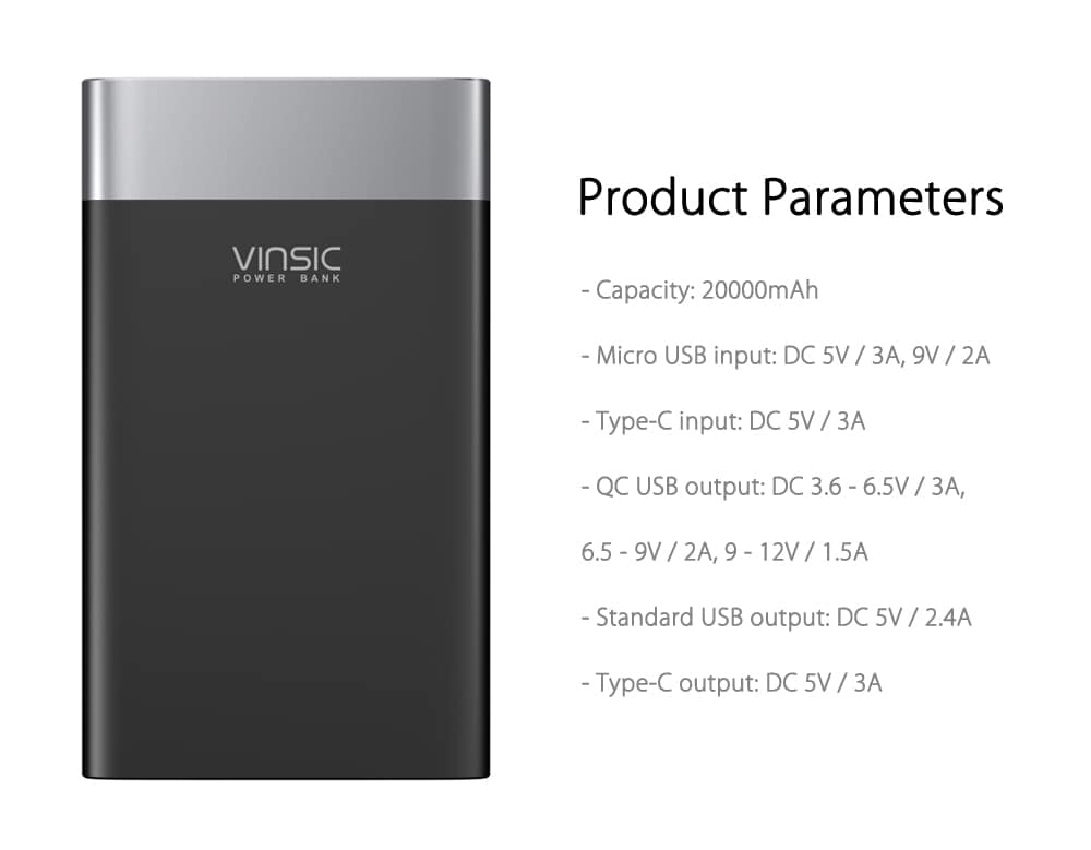 VINSIC VSPB303 QC 3.0 20000mAh Power Bank Type-C Micro USB Dual Input / Output- Black