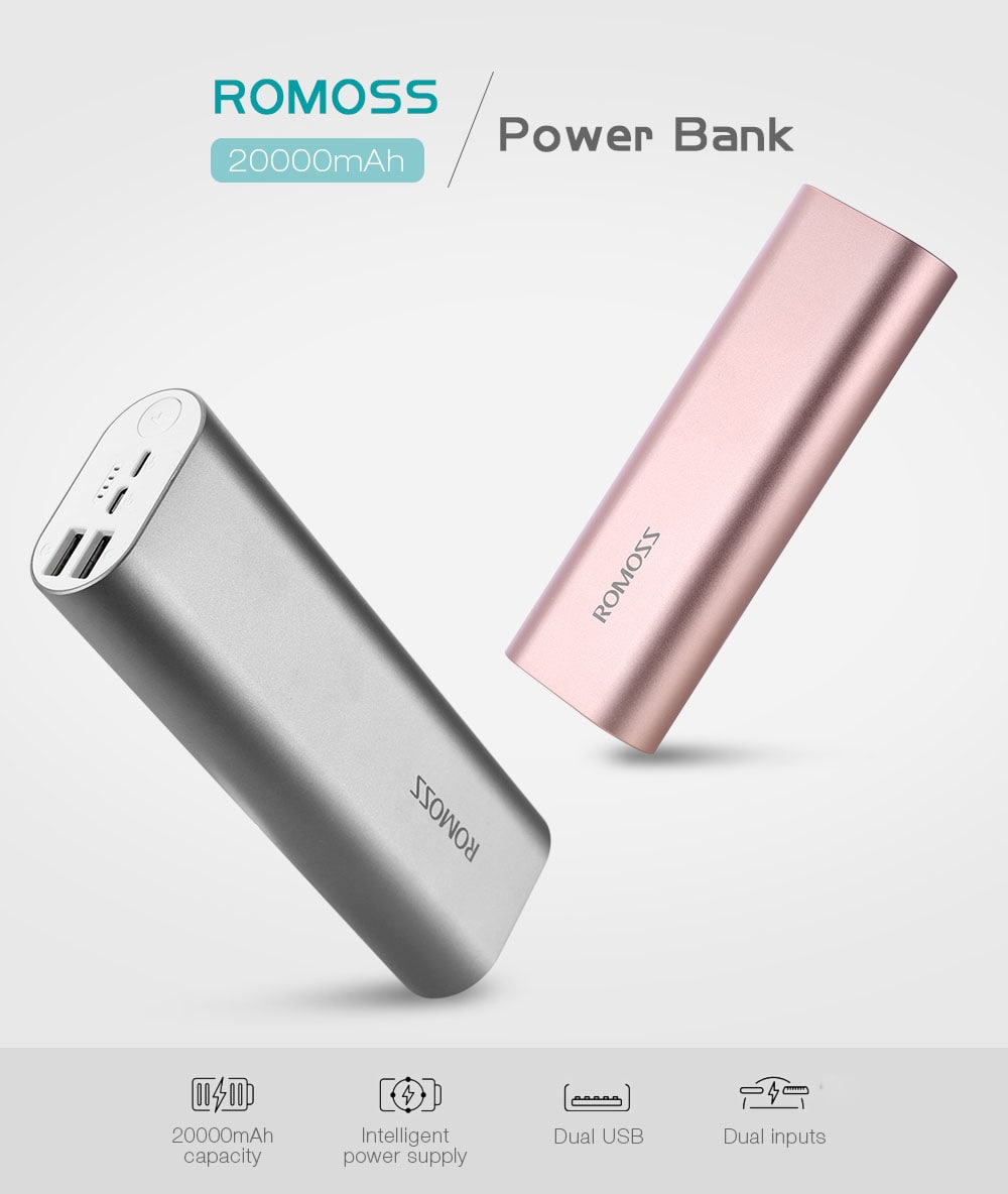 ROMOSS ACE20 20000mAh Power Bank 8 Pin Micro USB Input Dual USB Output 2.1A Fast Charging Aluminum External Battery Charger- Gray