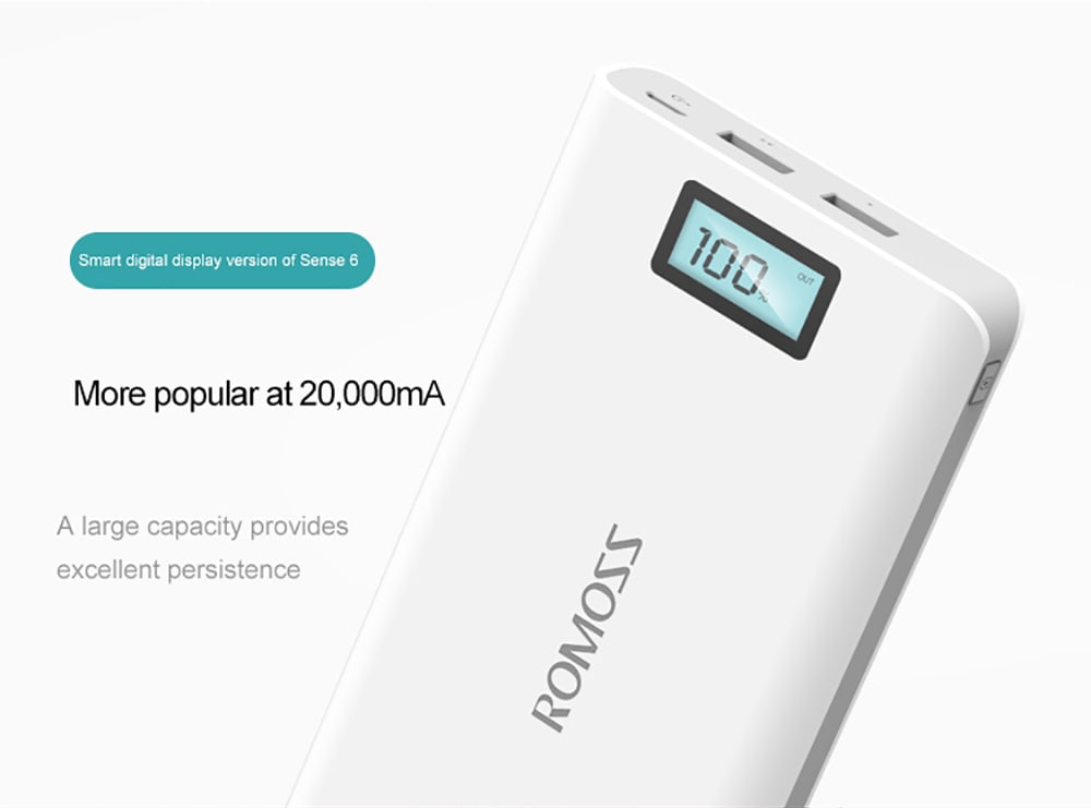 ROMOSS Sense 6 Plus LCD 20000mAh Portable Charger External Battery Pack Power Bank Fast Charging for iPhone 5 5S 6S / 6 Plus Samsung Note 5 S6 Edge Plus Android Phones Tablet PCs- White