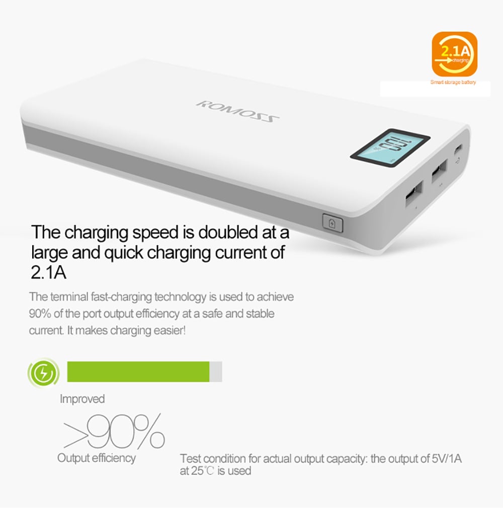 ROMOSS Sense 6 Plus LCD 20000mAh Portable Charger External Battery Pack Power Bank Fast Charging for iPhone 5 5S 6S / 6 Plus Samsung Note 5 S6 Edge Plus Android Phones Tablet PCs- White