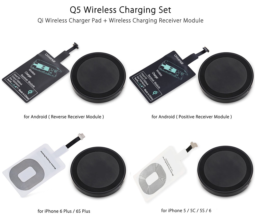 Qi Wireless Charger Phone Mount Pad + Charging Receiver for iPhone- Black for iphone 5 / 5C / 5S / 6 / 6S