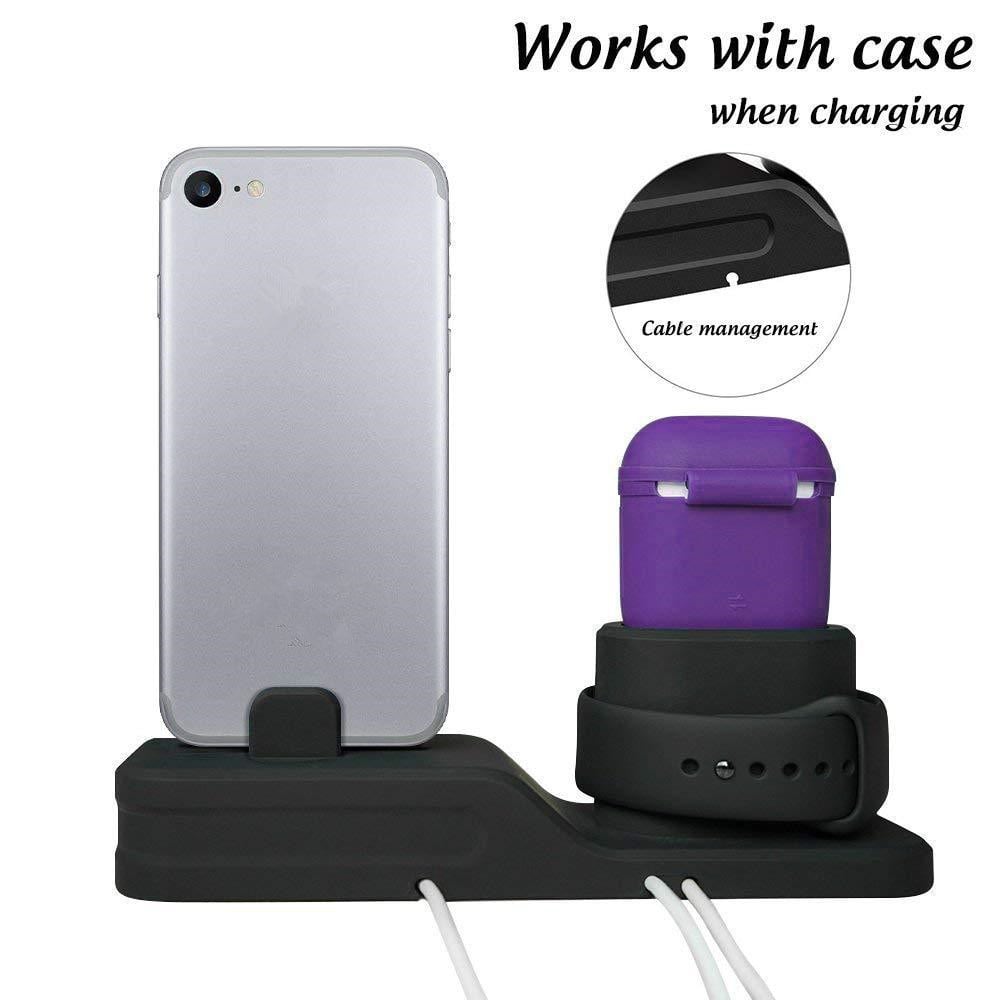 Silicone 3 in 1 Charging Stand Holder Dock for iPhone for Apple Watch/ AirPods- Black