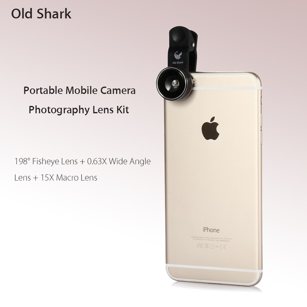 Old Shark 3-in-1 Phone Lens Kit with 198 Degree Fisheye + 0.63X Wide Angle + 15X Macro Lens- Black