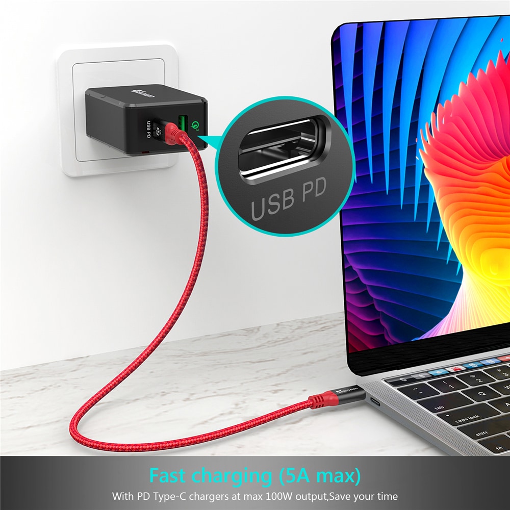 TIEGEM USB Type C 3.1 Male To Type-C Cable Male USB C Fast Charger PD Cable- Black 100CM