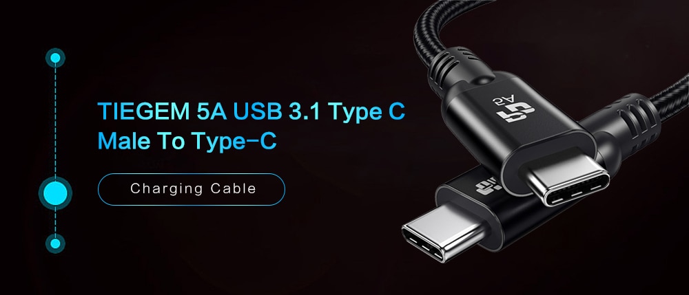 TIEGEM 5A USB 3.1 Type C Male To Type-C Charging Cable- Black 30CM