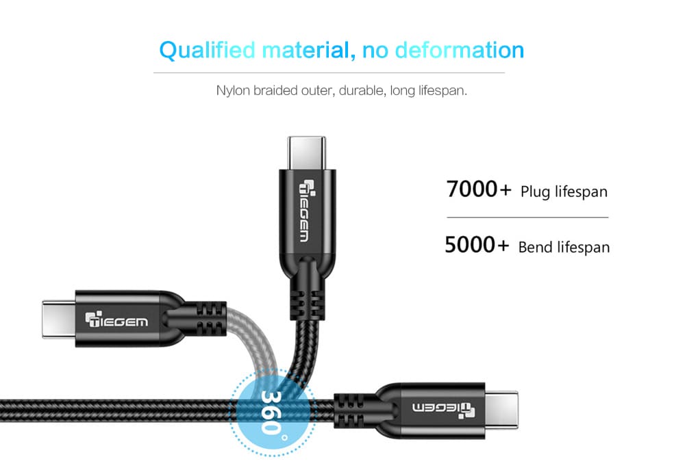 TIEGEM 5A USB 3.1 Type C Male To Type-C Charging Cable- Black 30CM