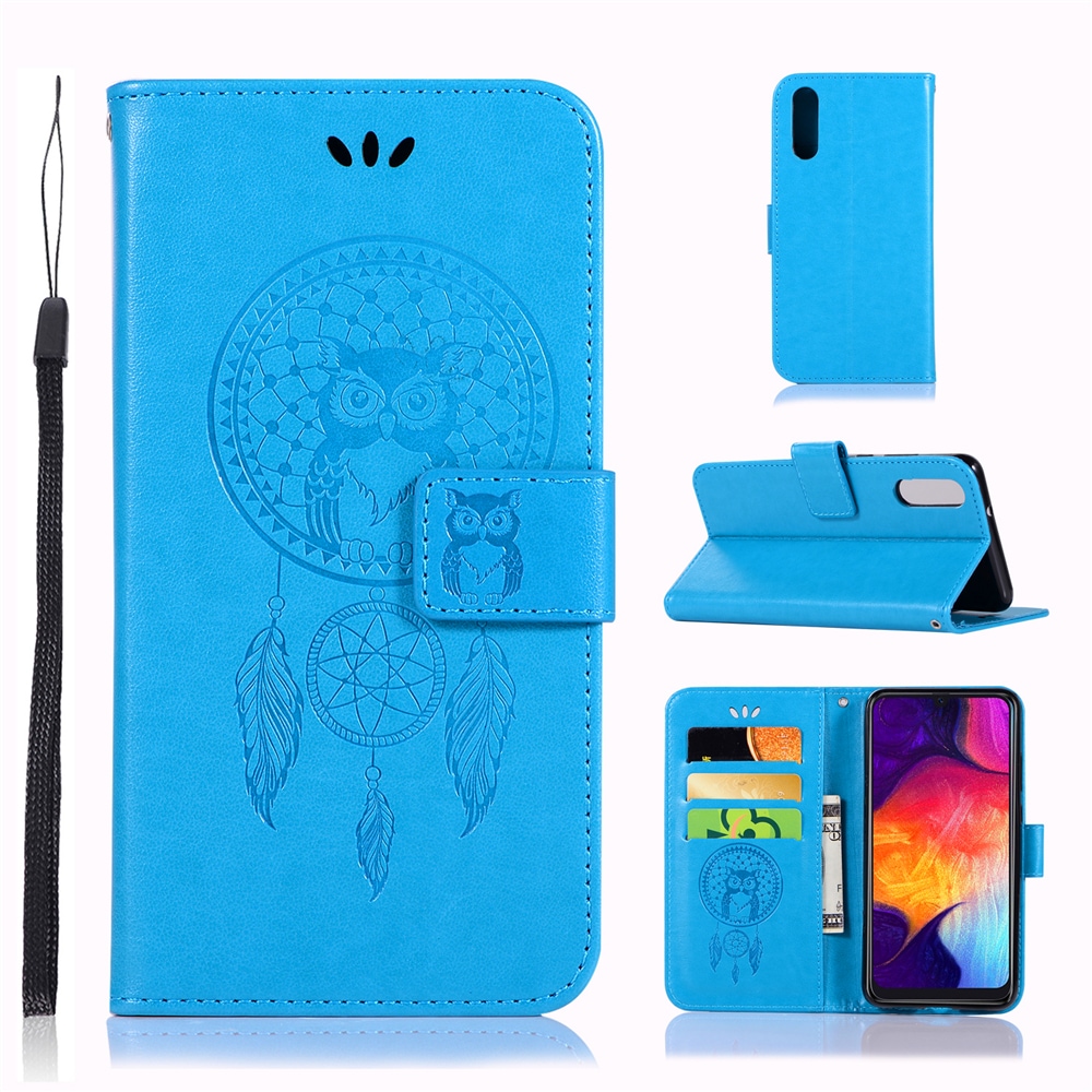 Owl Wind Chimes Flip Wallet Leather Cover for Samsung Galaxy A50 Phone Case- Medium Turquoise
