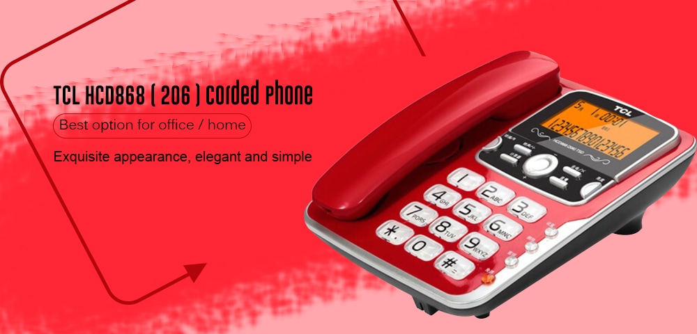 TCL HCD868 ( 206 ) Corded Phone with Caller ID / Call Waiting / No Battery / Brightness Adjustment- Red