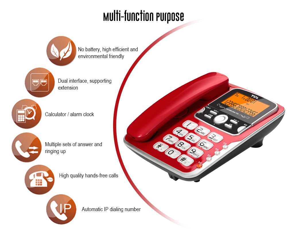 TCL HCD868 ( 206 ) Corded Phone with Caller ID / Call Waiting / No Battery / Brightness Adjustment- Red