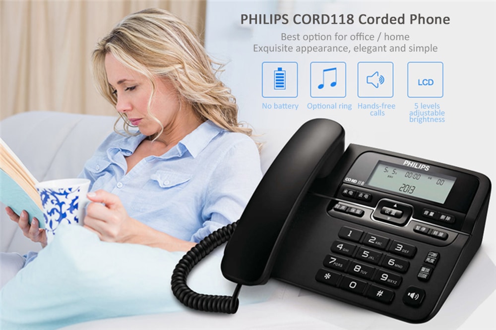 PHILIPS CORD118 Corded Phone with Caller ID / Call Waiting / No Battery / Brightness Adjustment- Black