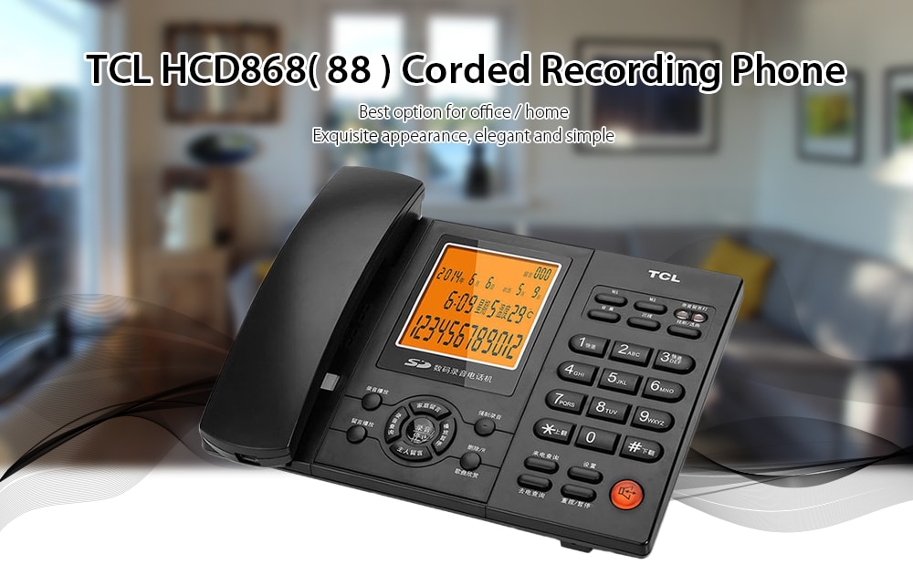 TCL HCD868 ( 88 ) Corded Recording Phone with Caller ID / Call Waiting / 8G SD Card / Brightness Adjustment- Black