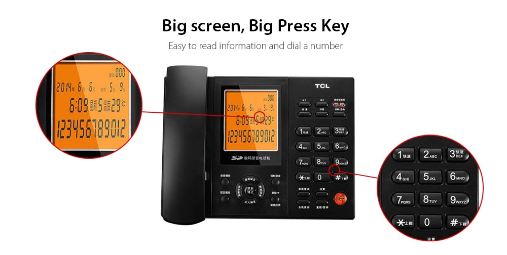 TCL HCD868 ( 88 ) Corded Recording Phone with Caller ID / Call Waiting / 8G SD Card / Brightness Adjustment- Black