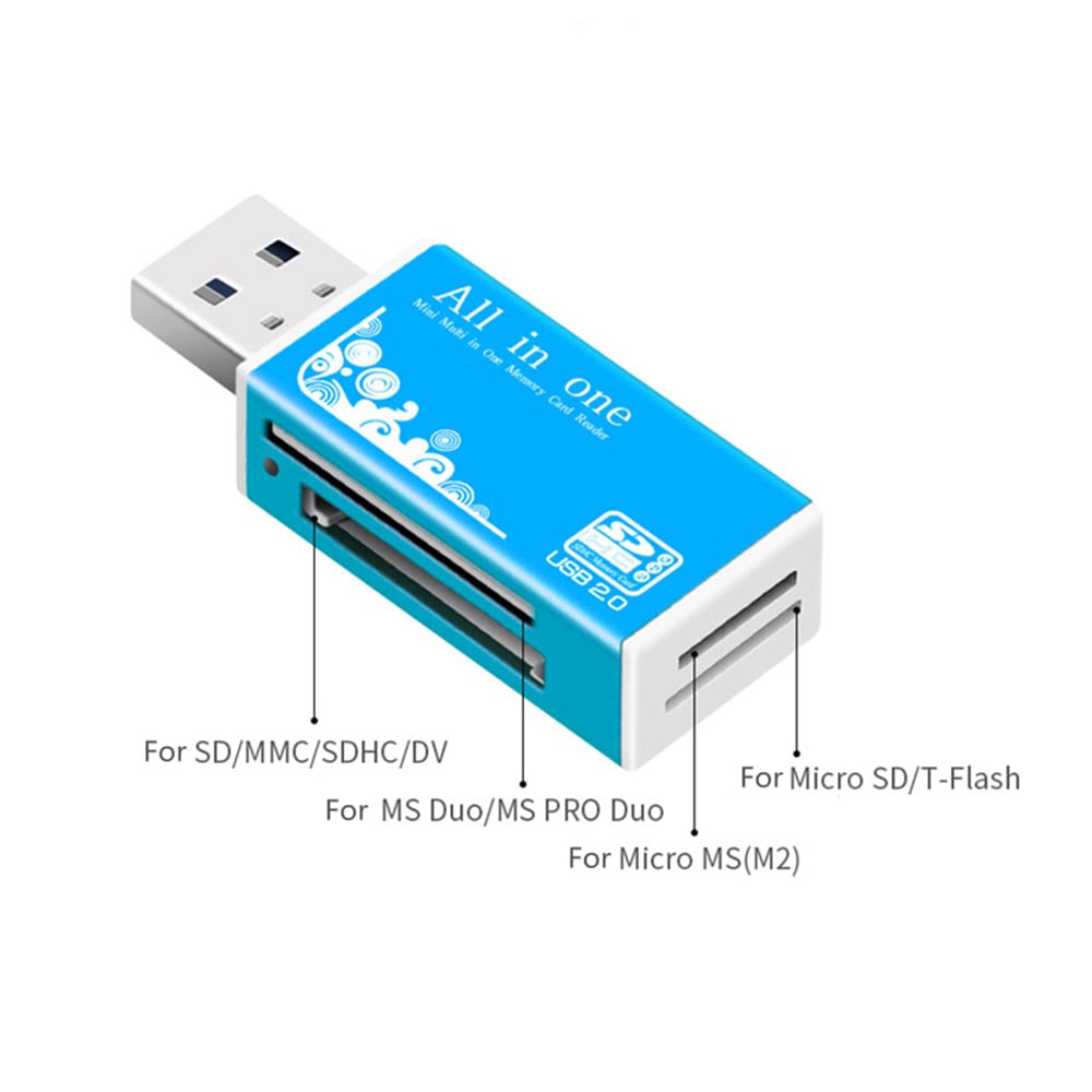 Rectangle USB 2.0 SD / MS / TF / M2 Multifunction Metal Card Reader- Blue