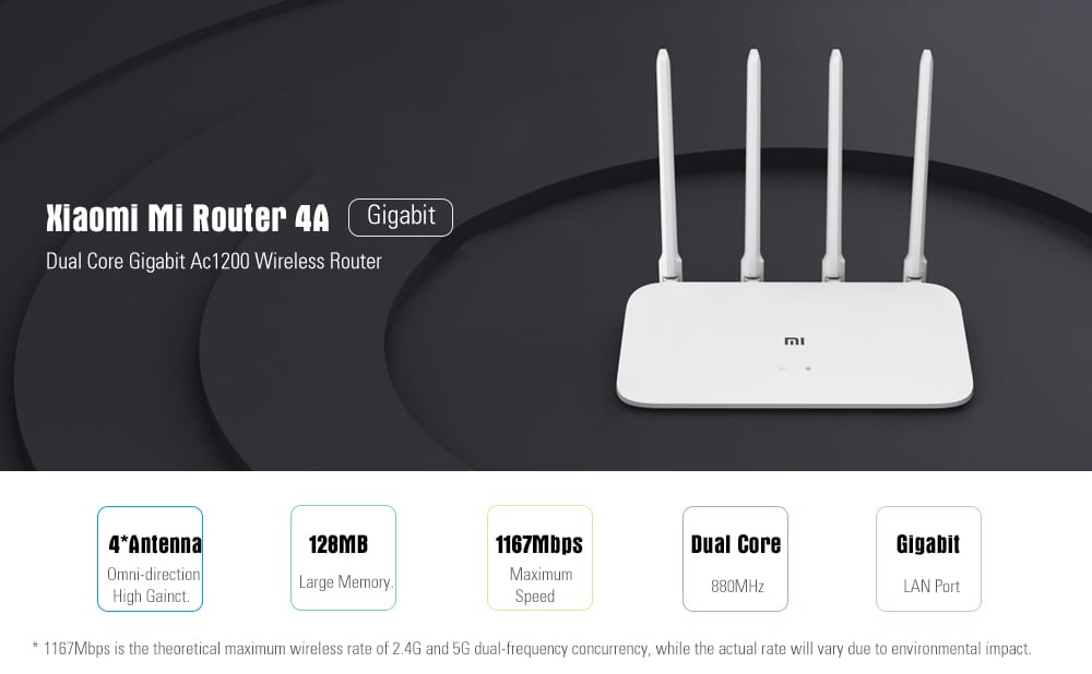 Xiaomi Mi 4A Router Gigabit Edition 2.4GHz + 5GHz WiFi 16MB ROM + 128MB DDR3 High Gain 4 Antenna Remote APP Control Support IPv6 - White