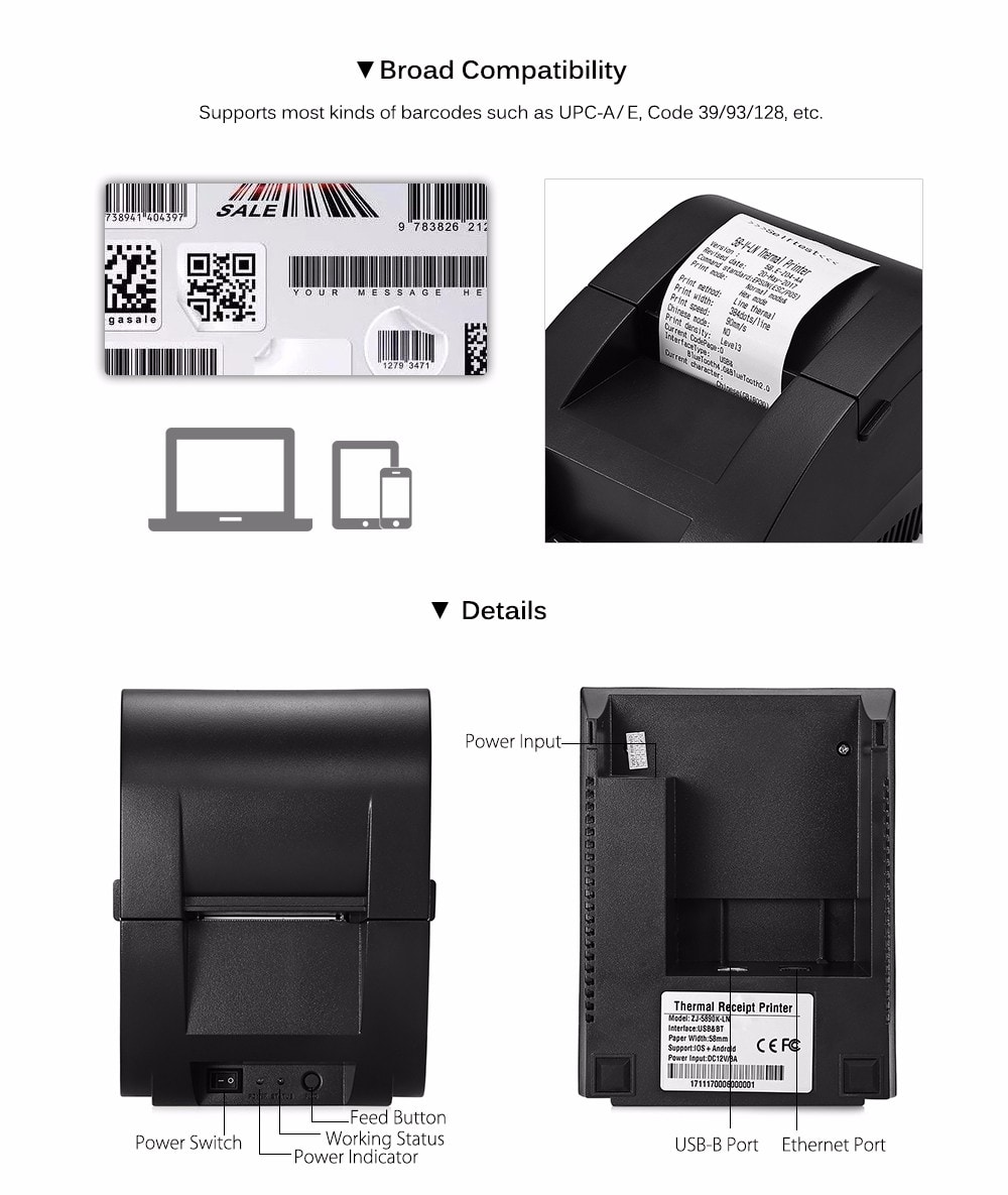 Receipt Machine with USB Port for Android iOS- Black US Plug