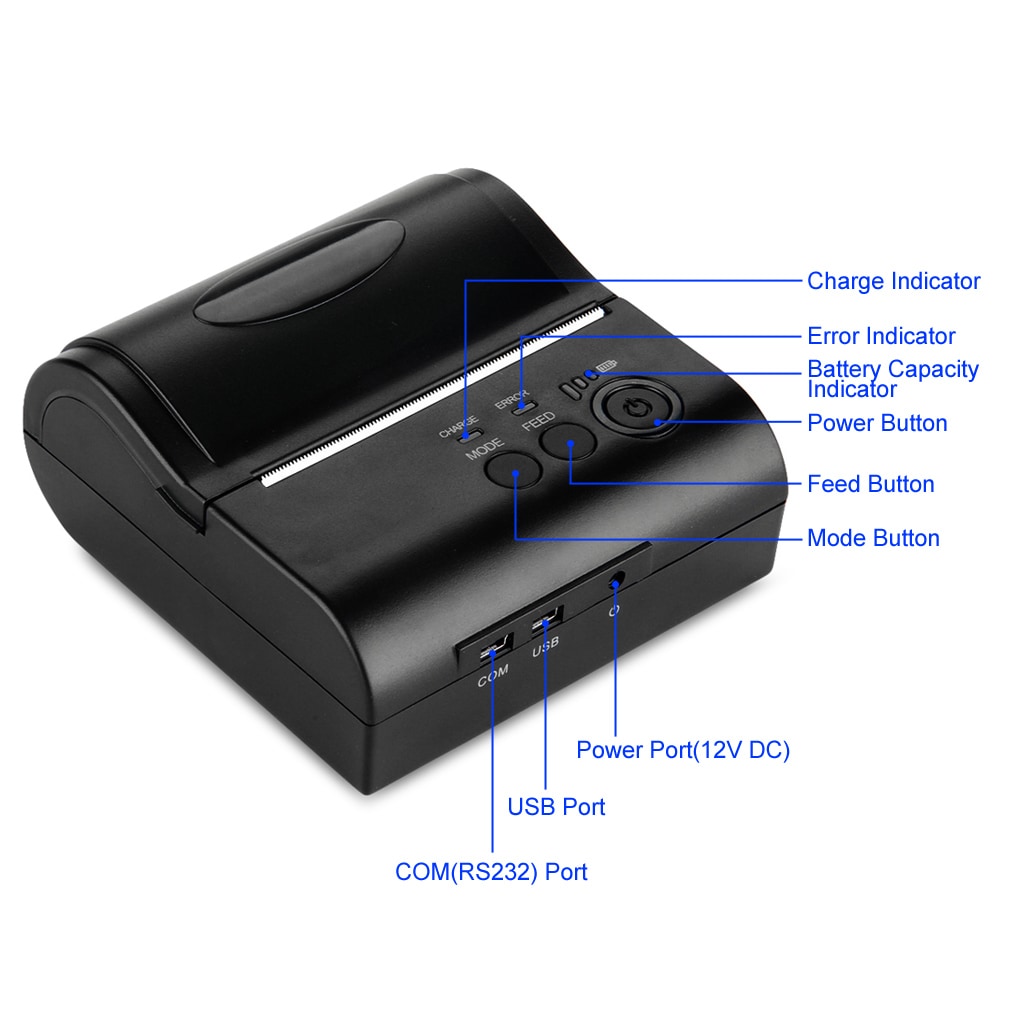 Portable Bluetooth Wireless 80mm Thermal Dot Receipt Printer DE- Black