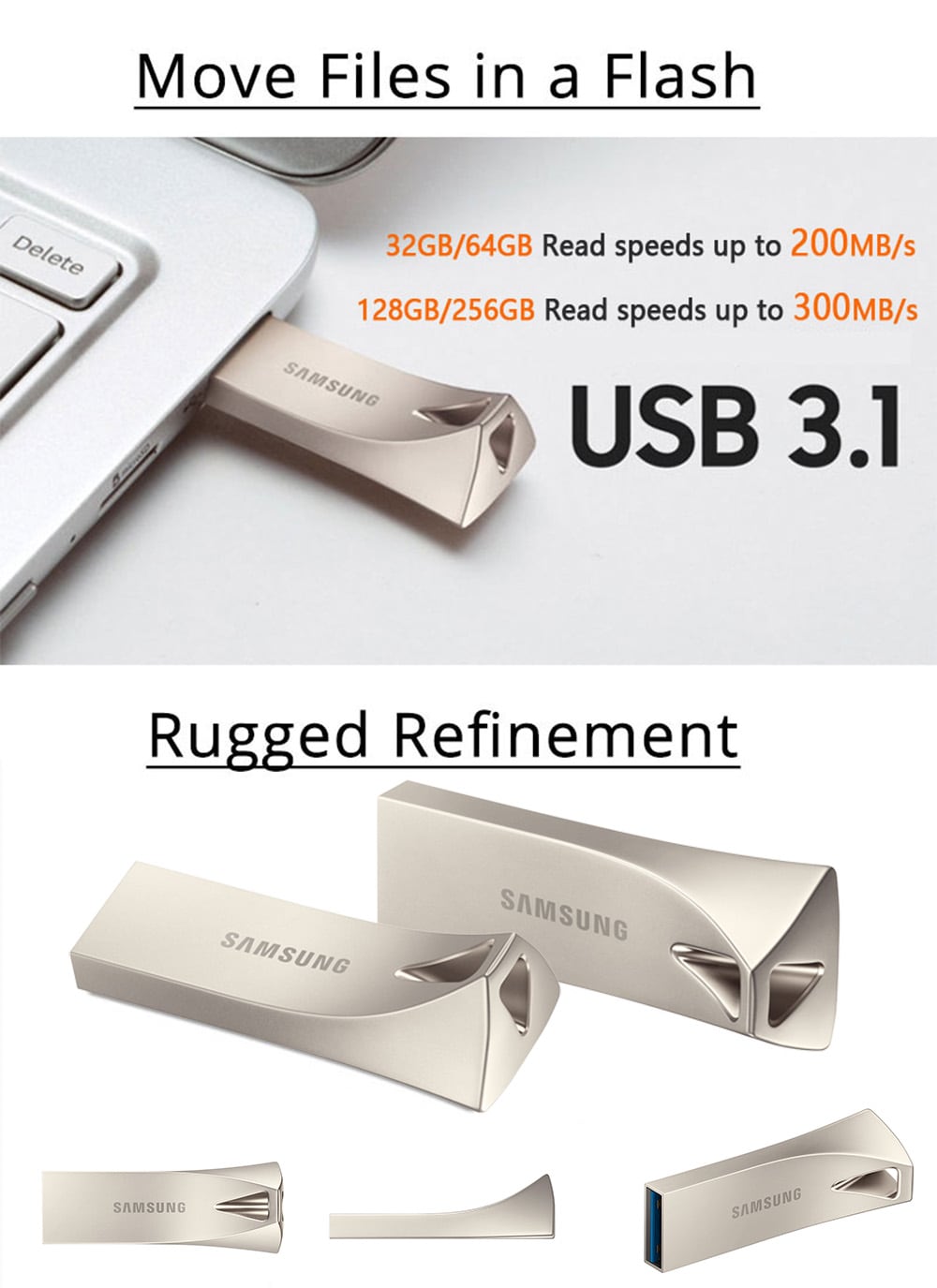 Samsung MUF - 32BE3 / AM USB 3.1 Flash Drive Bar Plus 200MB/s Read 32GB- Silver 32GB